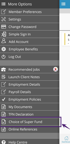 Choice of Super Fund menu