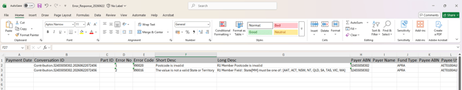 Error Reponse Excel