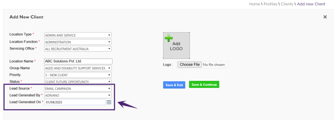 Lead Source 4 - Add New Client