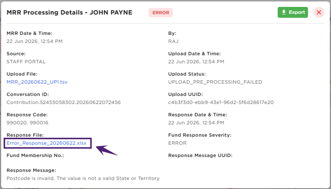 MRR Processing Details - Response File Excel