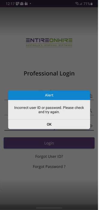 Professional Login - Alert