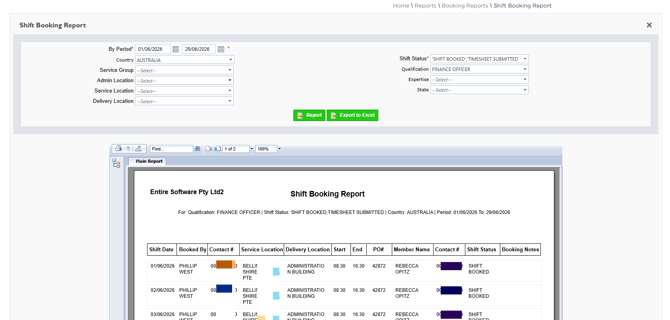 Shift Booking Report