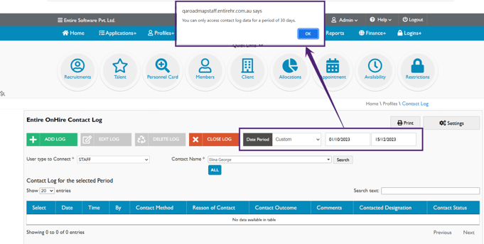 Contact Log Date Period Validations