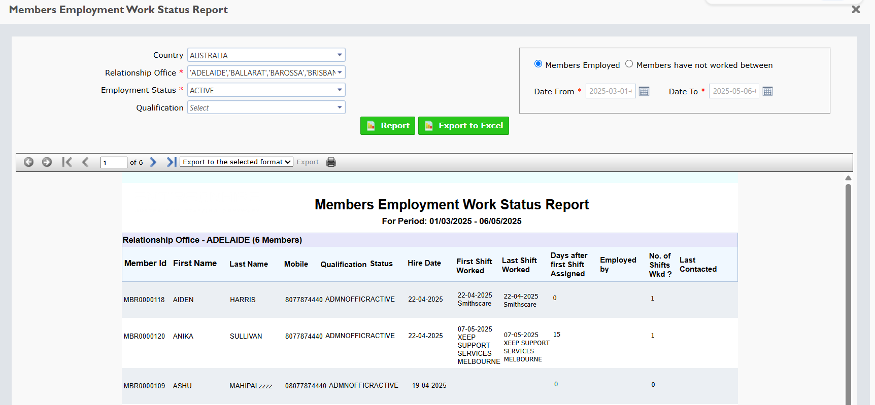 Member Employment Work Status Report