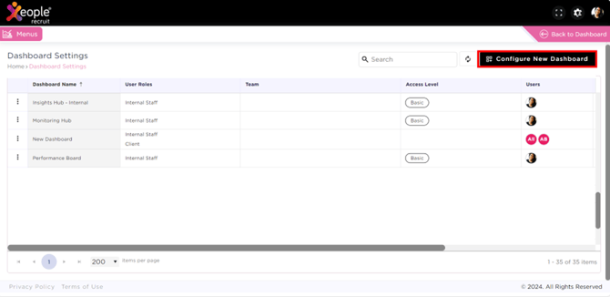 Dashboard Setting – Configure New Dashboard
